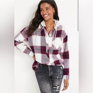 Maurices Burgundy and Cream Plaid Hoodie